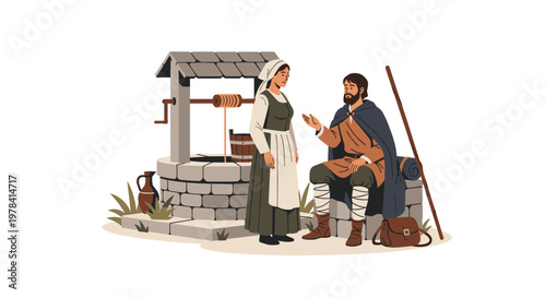 A humble woman wearing a white apron engages in a quiet conversation with a traveler beside a rustic stone water well in a peaceful rural environment.