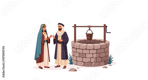 A woman draped in a blue headscarf shares a meaningful conversation with a man beside a circular stone well under the bright and warm desert sunlight.