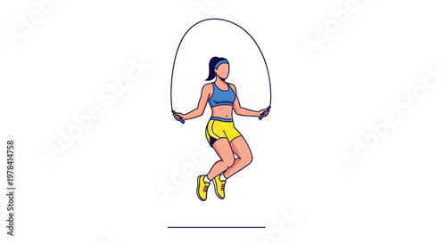 A fit young woman performs a vigorous jump rope exercise in a minimalist studio setting while wearing vibrant and contrasting blue and yellow athletic gear.