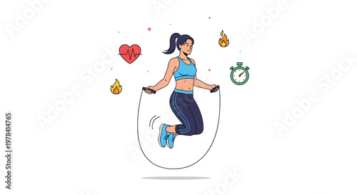 A determined female athlete in a blue sports top engages in a skipping rope routine against a clean white background with vibrant symbolic health icons.