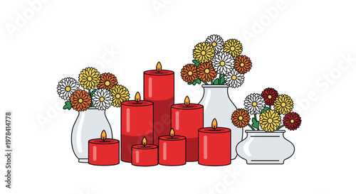 Vibrant red candles in various sizes stand alongside elegant white ceramic vases filled with orange and white daisies against a pristine white background.