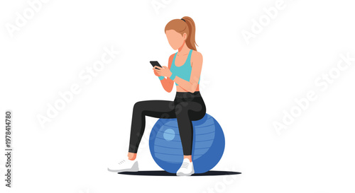 A fit young woman wearing a bright turquoise top and black leggings checks her mobile phone while balancing on a vibrant and large blue exercise ball.