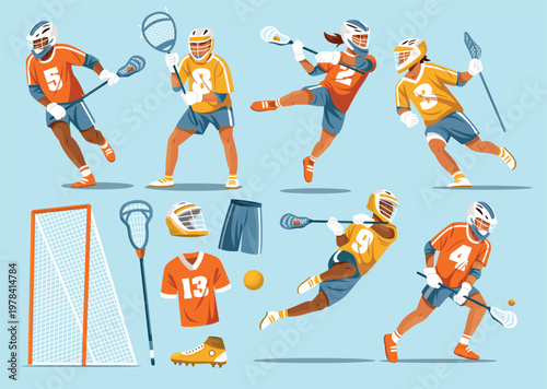 Lacrosse players action poses set with equipment and uniform elements isolated illustration
