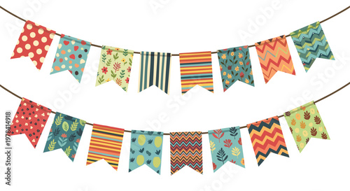 Two parallel strings of festive triangular bunting flags featuring vibrant patterns like polka dots and chevrons hang gracefully in a bright white room.