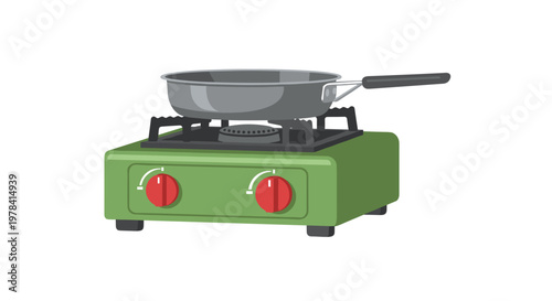 A compact green portable gas stove with two red control knobs holds a sleek grey frying pan ready for gourmet cooking in a bright and clean environment.