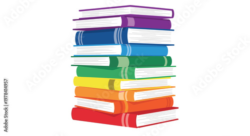 A tall and slightly leaning stack of hardcover books displays a vibrant spectrum of rainbow colors ranging from deep purple down to bright crimson red.