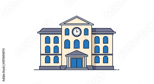 A symmetrical two-story educational building featuring a prominent central clock tower and many blue arched windows stands under a clear and bright sky.