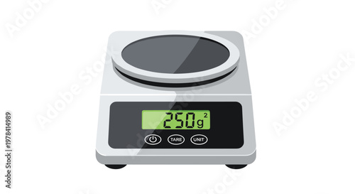 A sleek grey digital kitchen scale featuring a black circular weighing platform displays a precise measurement of two hundred fifty grams on its green screen.