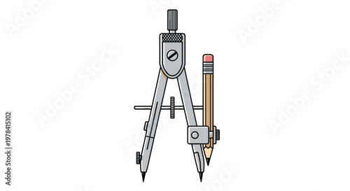 A professional silver metal drafting compass features a vertical wooden pencil securely clamped into its side leg for precise geometric drawing and technical sketching.