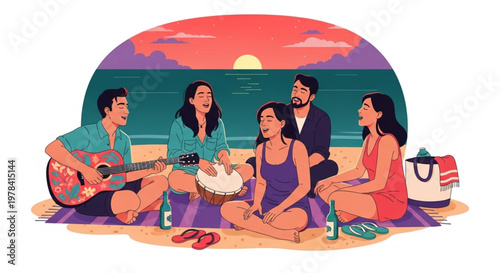 Tropical Beach Sunset Picnic with Friends and Music