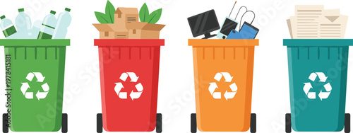 Recycling Bin Vector Set with Plastic Paper Cardboard and Electronic Waste Containers for Eco Waste Management Illustration