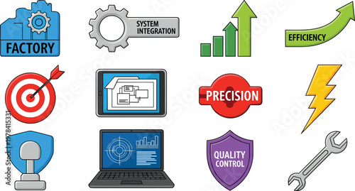 Set of Vector Icons for Manufacturing, Efficiency, and System Integration, Featuring Factory, Precision, Quality Control, and Tools Symbols for Business and Industrial Websites
