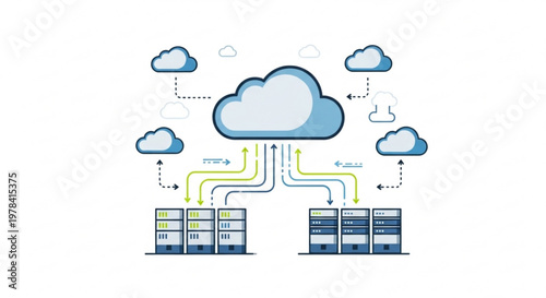 Cloud computing network architecture with server towers and data flow connections