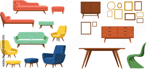 Retro Furniture Vector Set with Mid Century Sofa Chairs Table Cabinet and Stylish Home Interior Decor Illustration