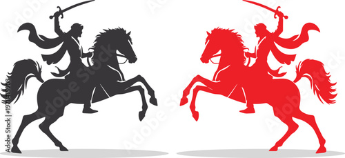 Warrior on Rearing Horse Silhouette Knight with Sword Vector Illustration