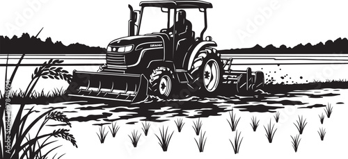 Tractor working in a field with grass and crops