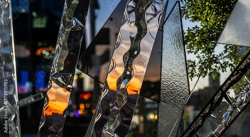 Abstract glass shards reflecting warm sunset glow and urban city lights with textured surfaces and sharp geometric edges in a detailed close up composition