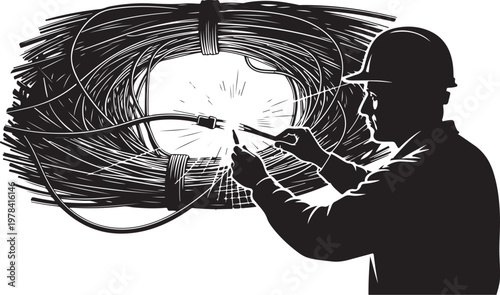 Worker welding with sparks and cables around him