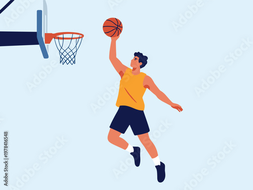 Basketball player jumping and throwing ball. Dynamic sport action illustration for competition concept.