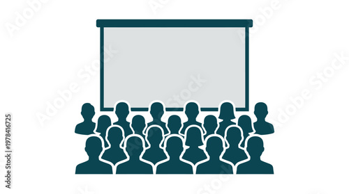 Presentation Audience: A symbolic gathering of individuals attentively facing a blank presentation screen, representing anticipation and the dynamics of knowledge exchange.