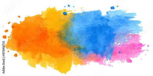 Abstract watercolor background featuring colorful paint splashes and artistic ink stains on paper texture with a vibrant rainbow brush stroke pattern