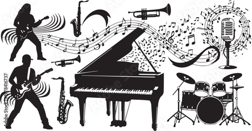 Music Instruments Silhouettes and Musical Notes Composition