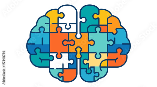 Puzzle of the Mind: A colorful and intricate illustration of a human brain composed of interconnected puzzle pieces, symbolizing the complexity, creativity, and problem-solving abilities within.