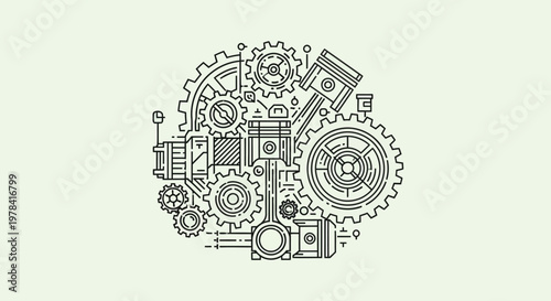 Intricate line art illustration of various interconnected mechanical gears, pistons, and engine components, symbolizing engineering and complex machinery.