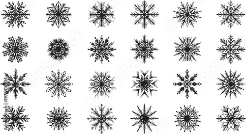 Collection of unique black snowflakes on white background