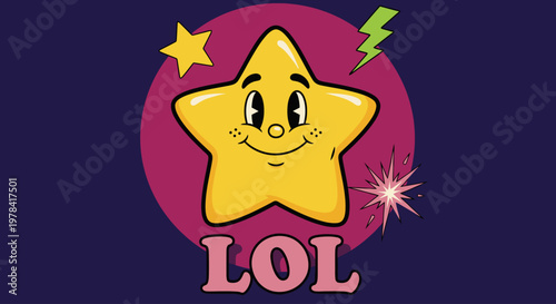 A cartoon star character smiles with LOL text on a pink circle background