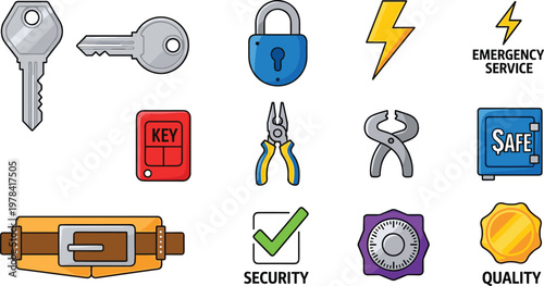 Set of Vector Icons for Security, Emergency Service, and Quality Control, Featuring Keys, Lock, Safe, Tools, and Protection Symbols for Safety and Service Websites