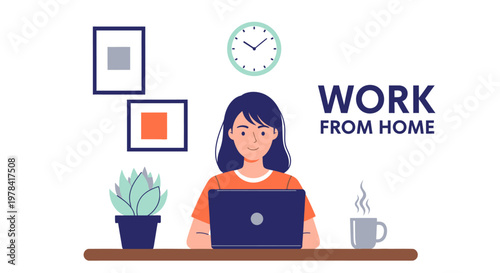 A woman works on her laptop from home with a cup of coffee