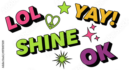 Colorful typographic illustration of shiny emotive words and sparkles