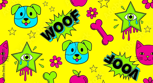 Vibrant cartoon animals and objects scattered on a bright yellow background with Whisk patterns