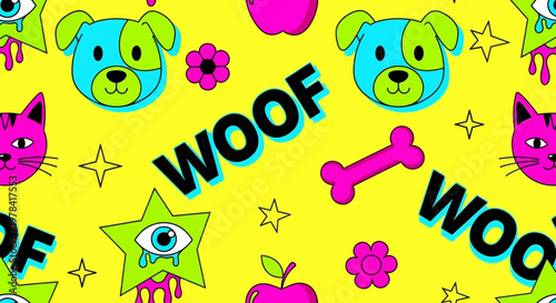 Vibrant cartoon animal faces and playful shapes fill a bright scene