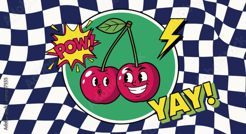 Cartoon cherries burst in excitement on checkered background