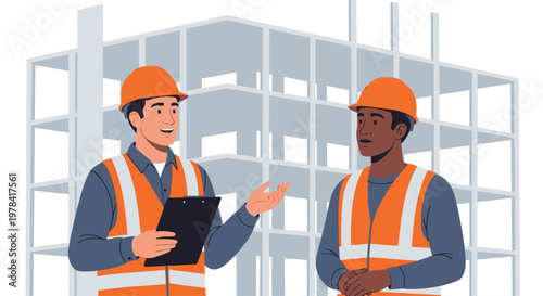 Two construction workers discuss plans at a building site with steel beams