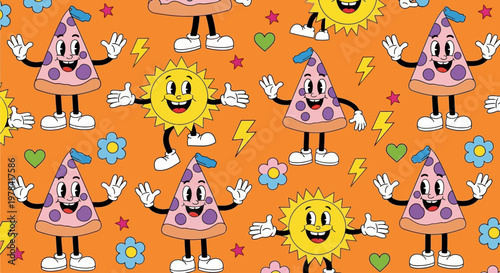 A vibrant digital illustration of cartoon suns and triangles waving happily amidst colorful flowers hearts and lightning bolts on an orange background.