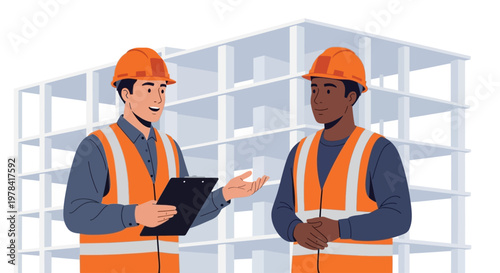 Two workers in orange vests discuss clipboard in front of warehouse shelves