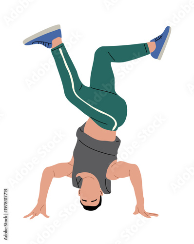 Young man performs a handstand with legs elevated. Illustration style is playful and stylized. Movement suggests balance and control. Suitable for fitness, sports, or urban lifestyle themes
