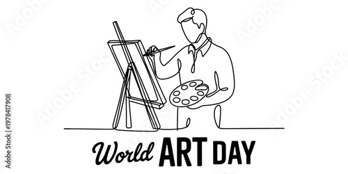 A single continuous line drawing of a male artist painting on a canvas for world art day event. Vector, illustration