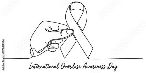 A single line drawing of a hand holding a purple ribbon for international overdose awareness day. Vector, illustration