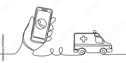 A single continuous line drawing of a hand holding a phone calling for an emergency ambulance aid Vector, illustration