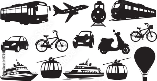 Transportation modes and vehicles in black silhouette style