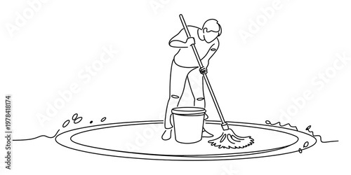 A simple continuous line drawing of a person cleaning a circular floor area with a large mop Vector, illustration