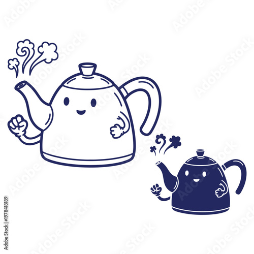Cartoon Teapots with steaming hot liquid graphic illustration vector creative design for tea time and kitchenware blog post or printable