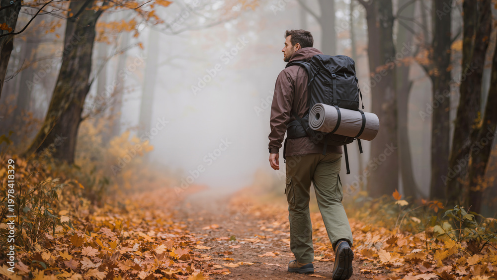 Naklejka premium Autumn hiking scene: a backpacker walking along a forest trail in mist, fallen leaves, soft light, calm atmosphere of travel and solitude. 