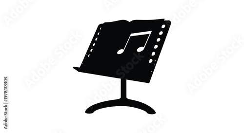 Open music book on stand with a single note black silhouette