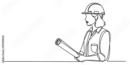 Continuous line drawing of a female construction engineer holding a rolled up building blueprint Vector, illustration