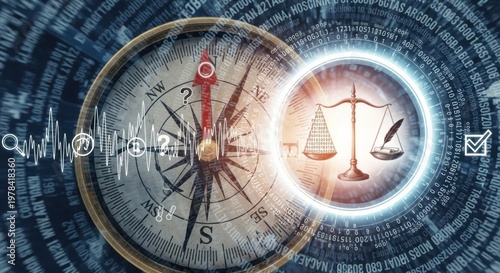 A compass with a scale and a balance icon on a digital background with a blue and white color scheme.